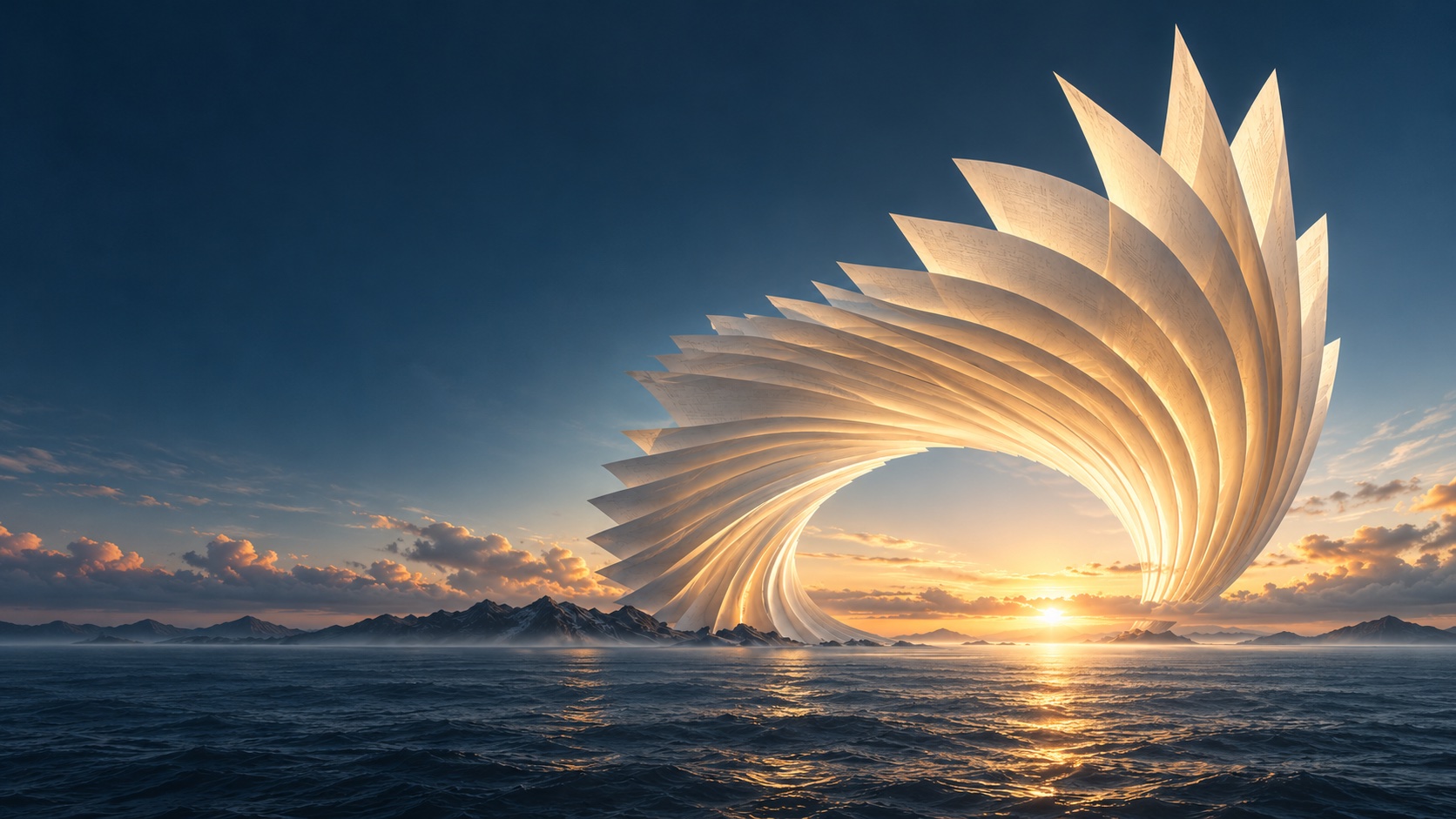 Illuminated layers of ivory paper opening over a calm ocean at sunrise