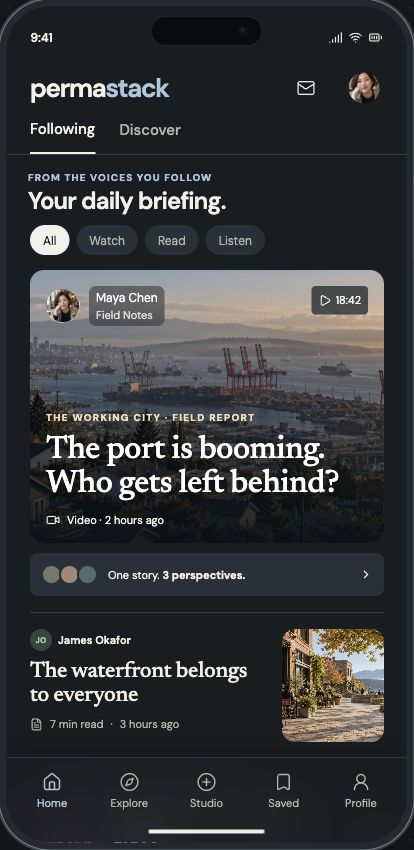 Permastack home feed with video and articles from independent creators